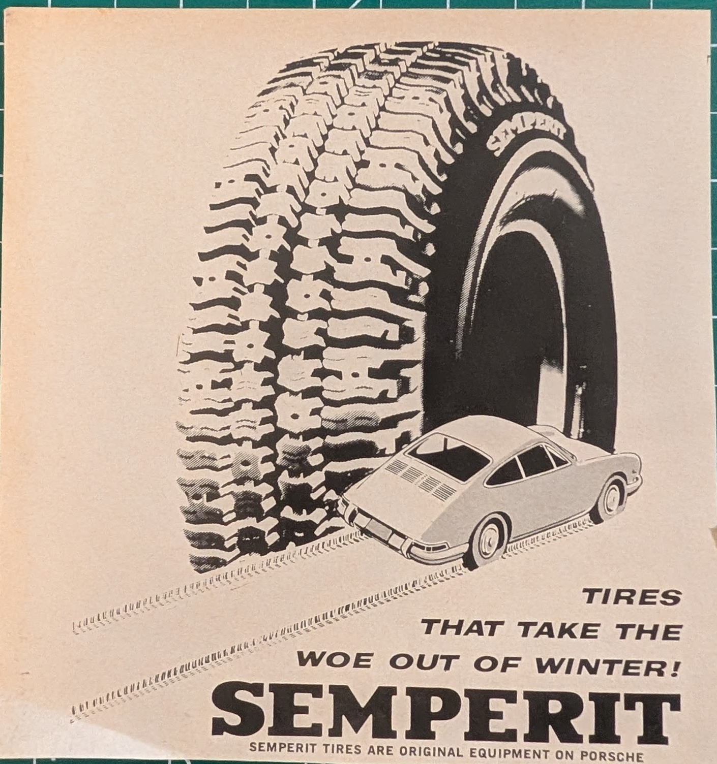 SEMPERIT Winter Tire Ad — "Tires that take the woe out of winter!" (Porsche)