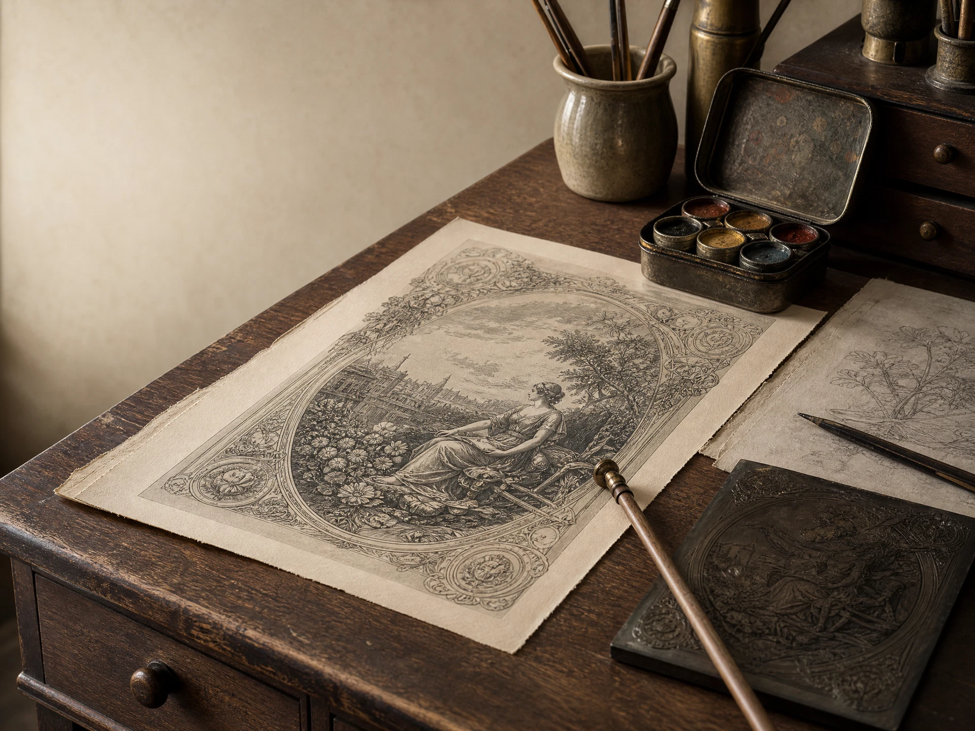 Illustrator's nineteenth-century drawing tools and lithographic advertising proof
