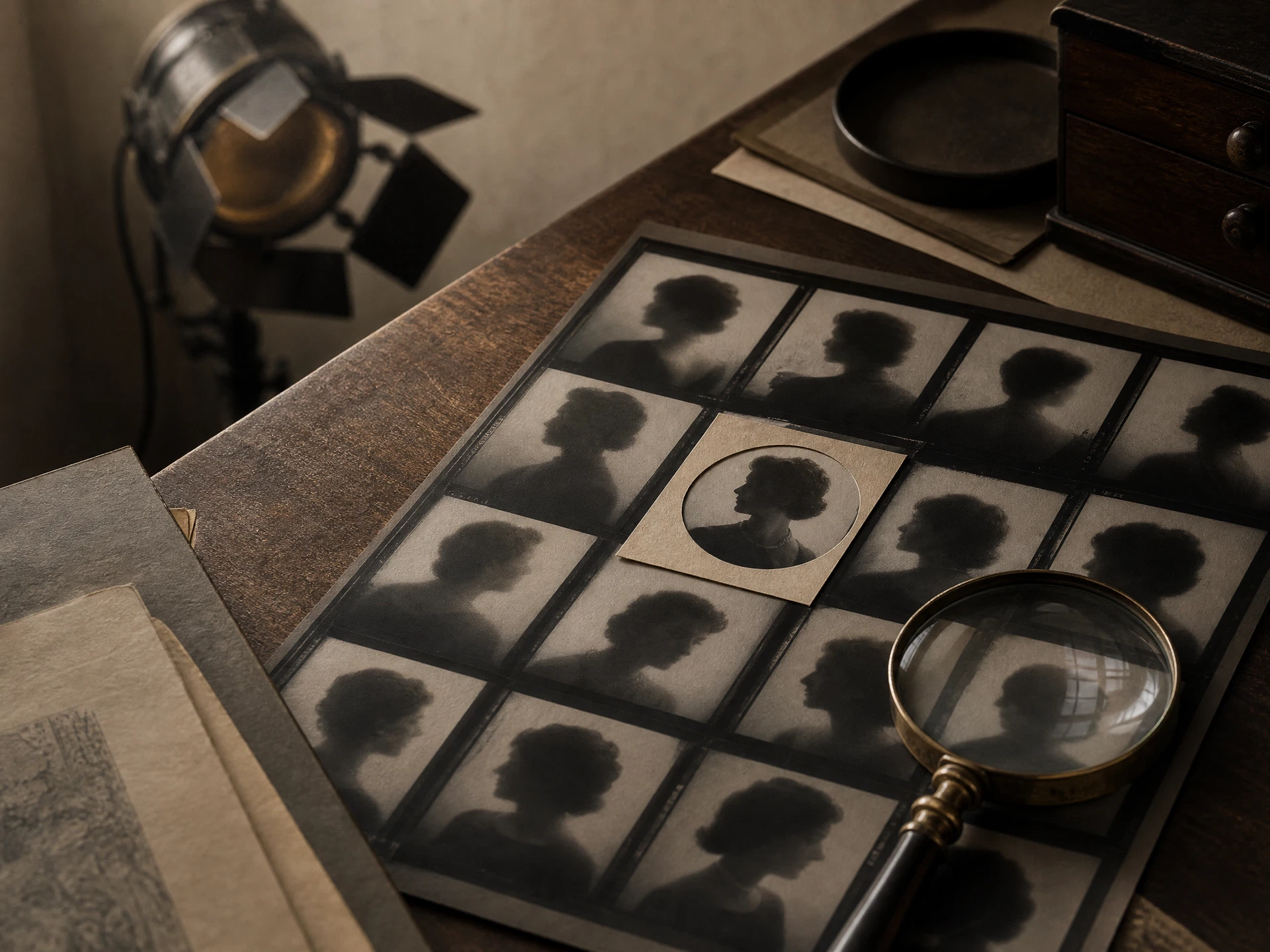 Anonymous portrait contact sheet and magnifier on an archival research table