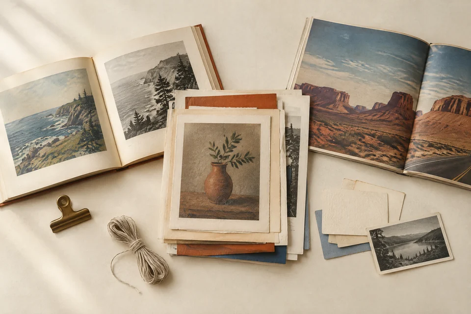 Selected vintage book and magazine paper on a material-preparation table