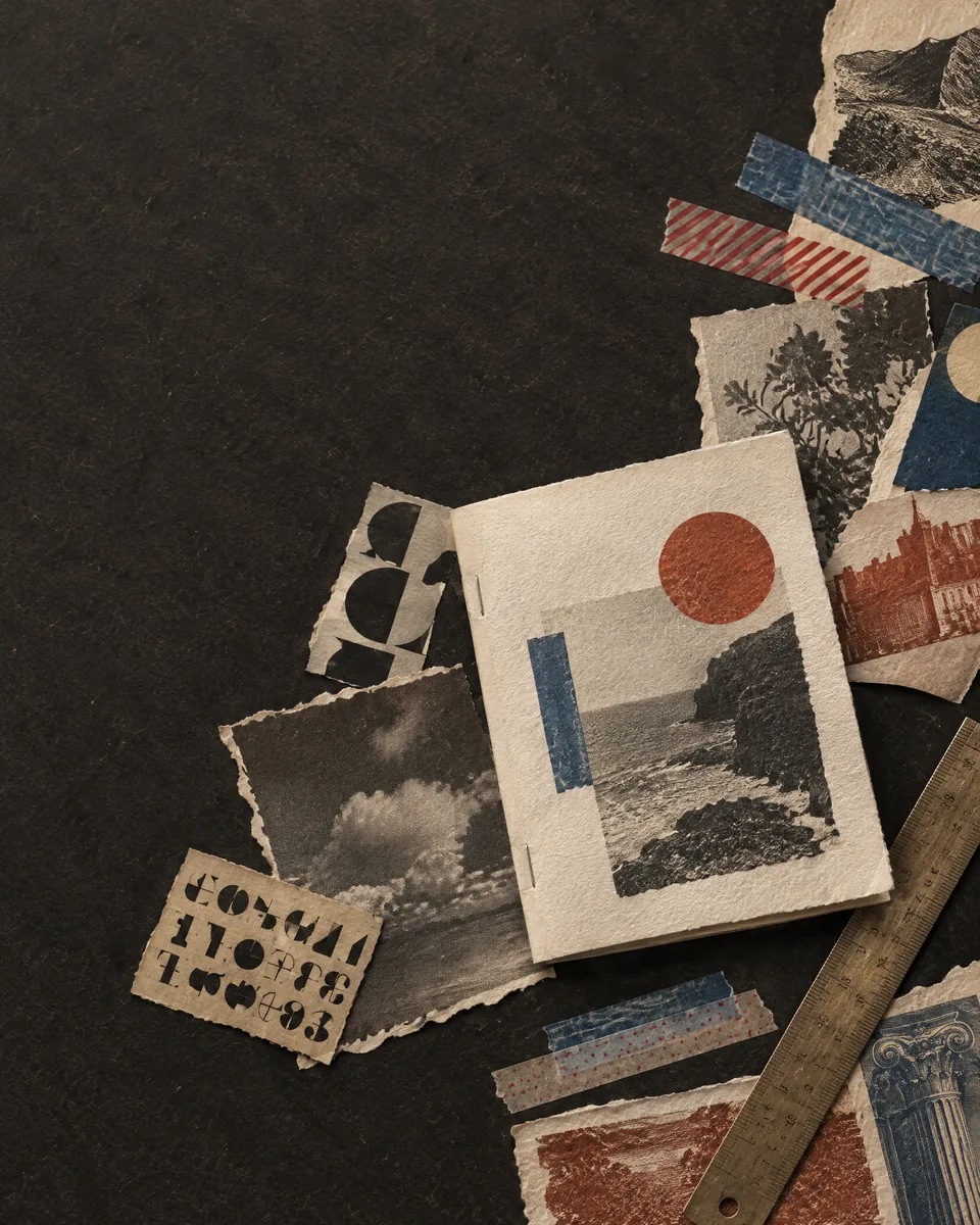 Handmade zine with cut paper, typography, and a ruler